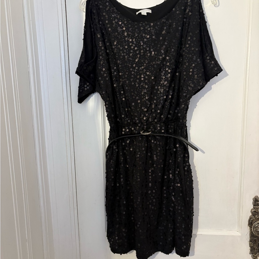 New York & Company Black Sequin Mini Dress with Slim Belt
